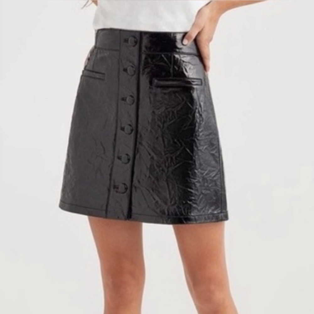7 for all mankind - Patent Leather Button Front Mini Skirt with Pockets …